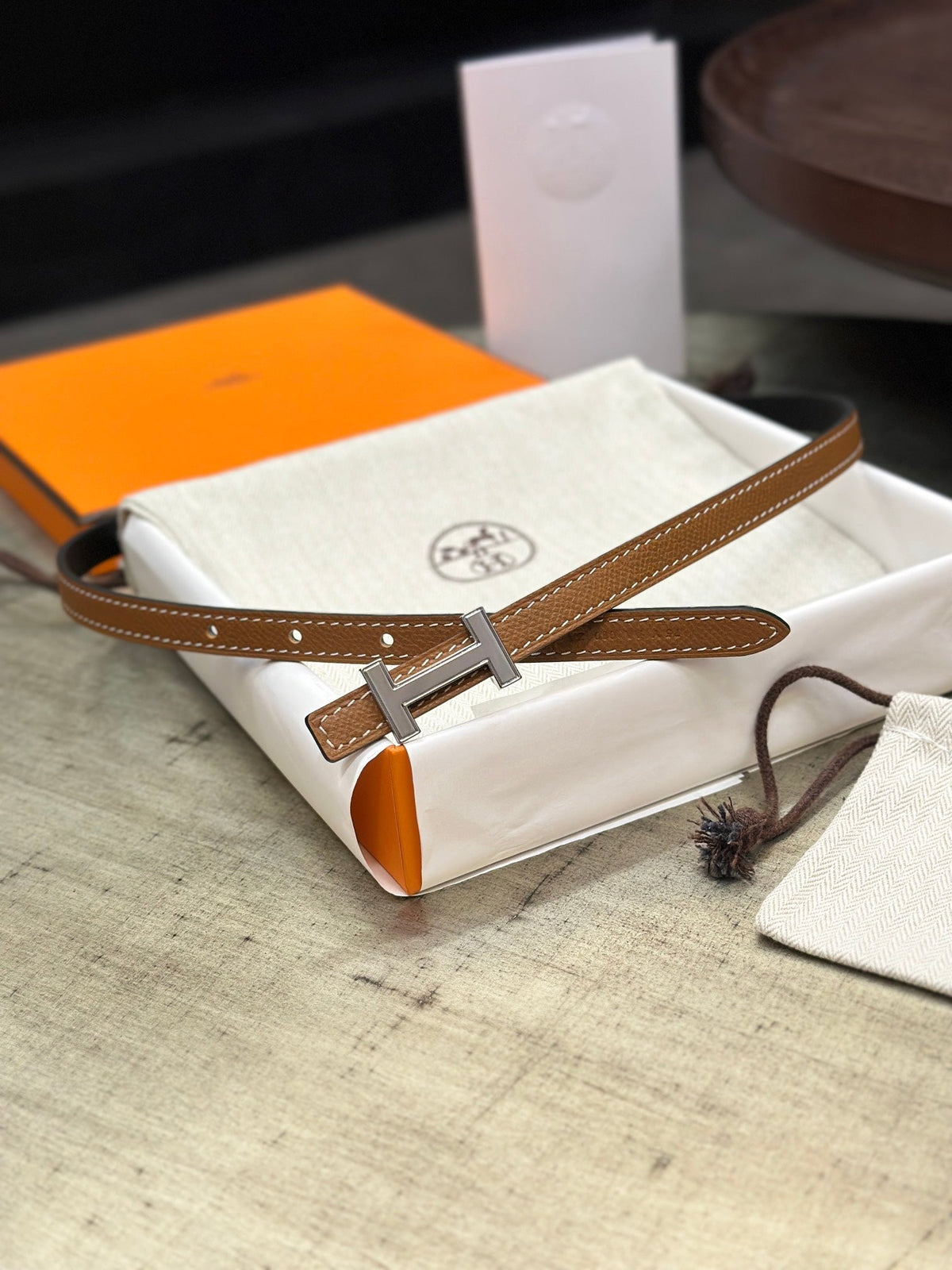 HERMES FOCUS BUCKLE & REVERSIBLE TAWNY BROWN AND BLACK LEATHER STRAP 13MM SILVER HARDWARE