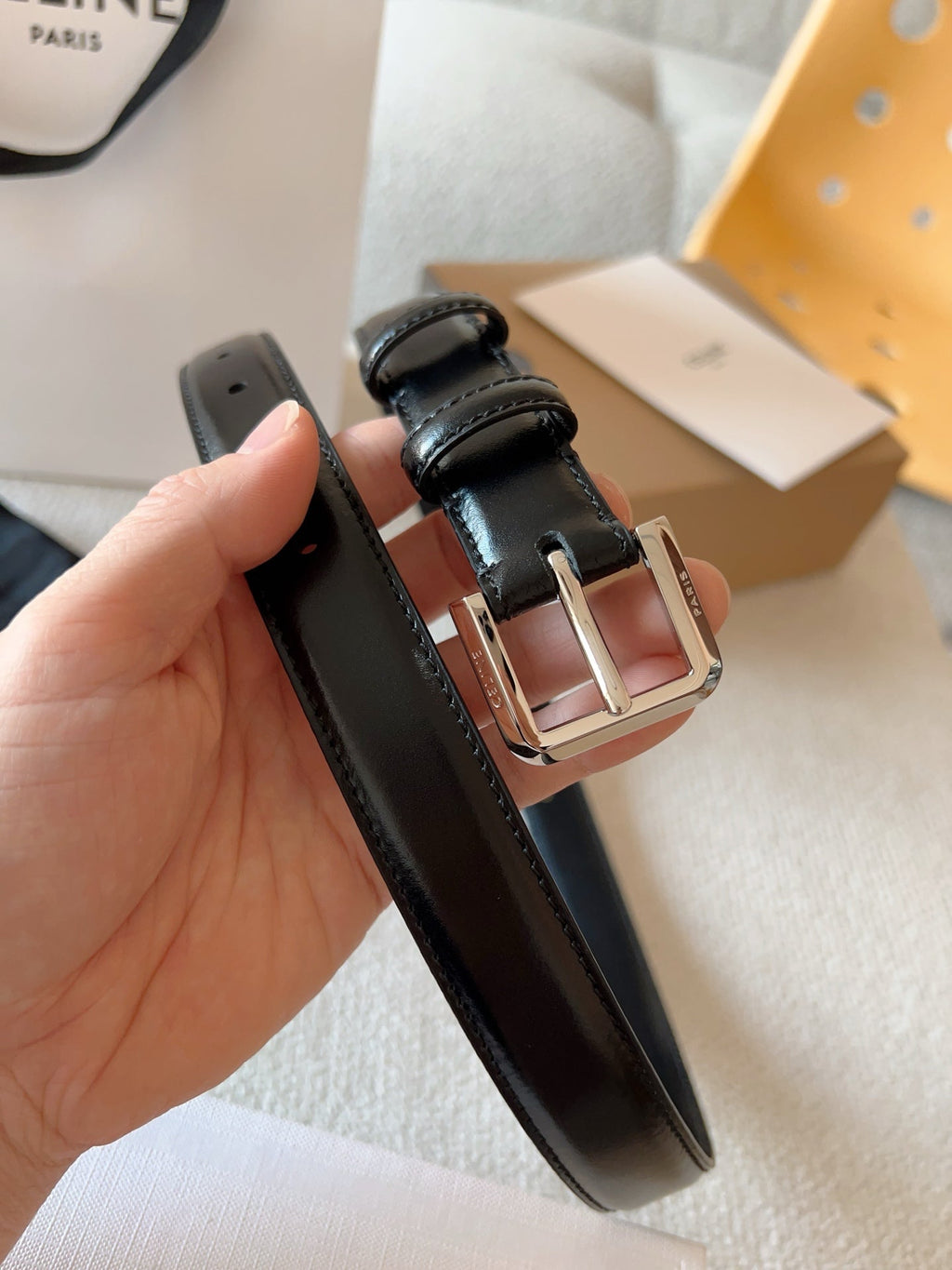 CELINE 25S BELT 25MM IN BLACK CALFSKIN SILVER HARDWARE 561795