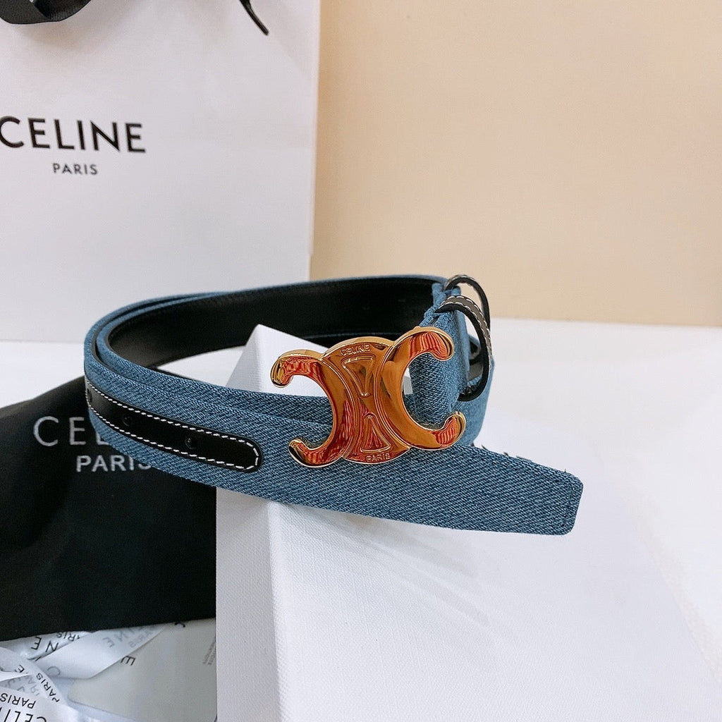 CELINE 25S BELT TRIOMPHE TAURILLON 25MM IN BLACK CALFSKIN AND DENIM 558346