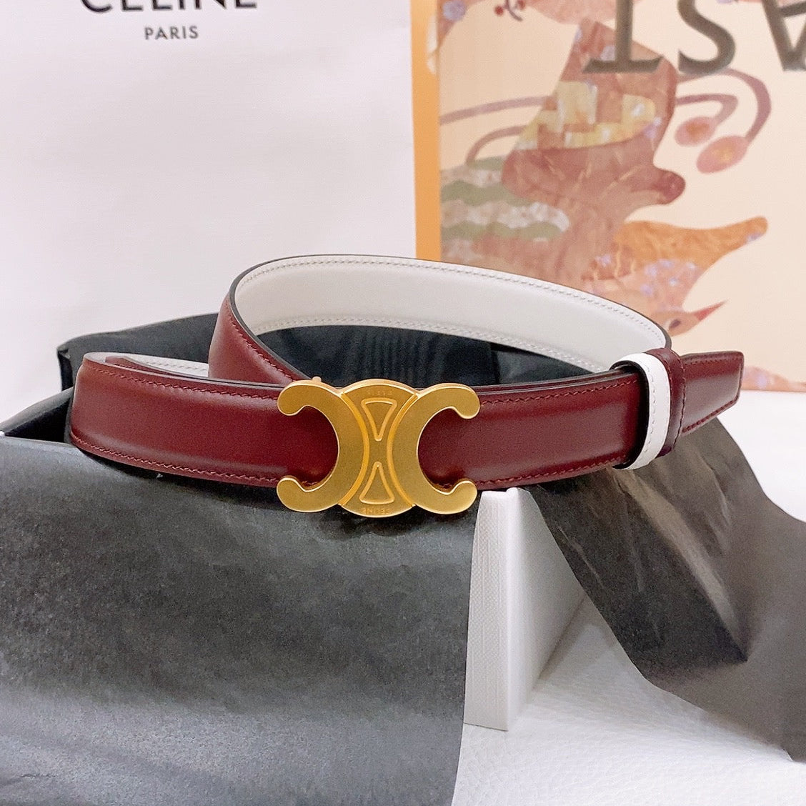 CELINE 25S BELT 25MM REVERSIBLE TRIOMPHE IN BURGUNDY CALFSKIN 565534